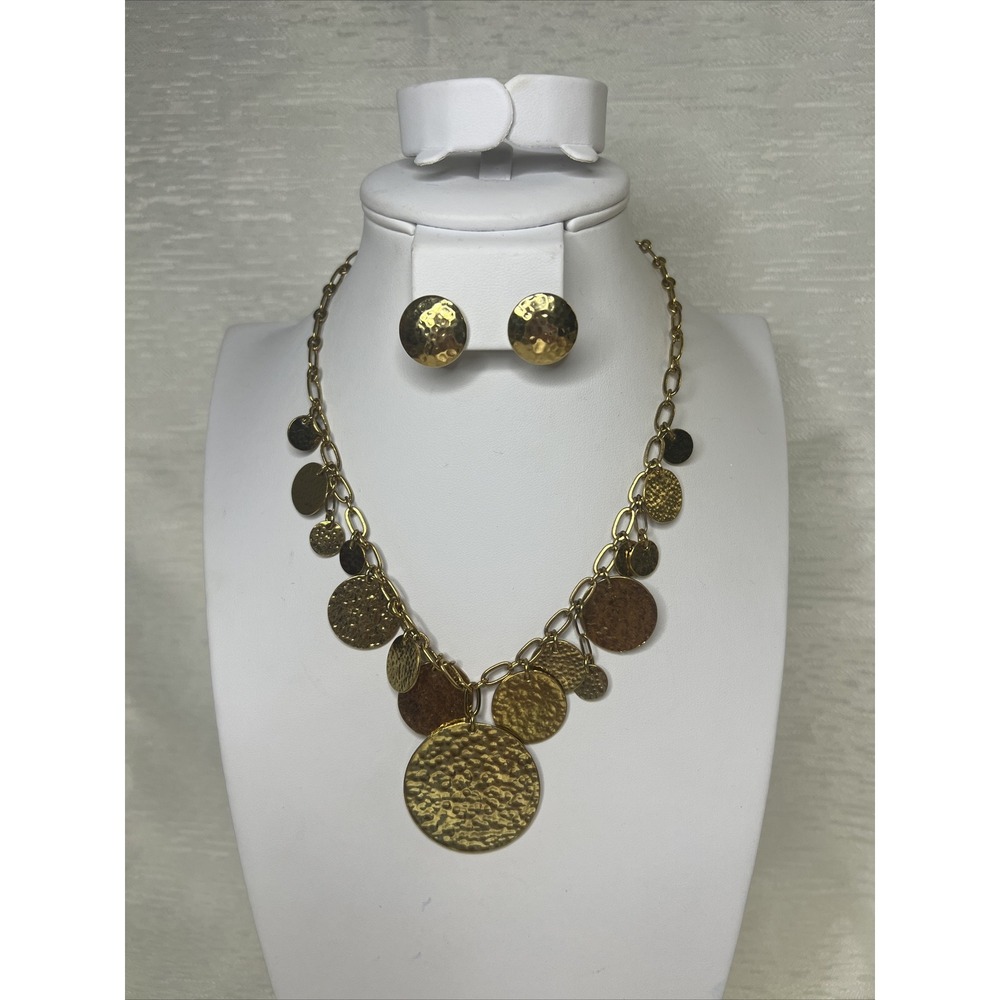 JOAN RIVERS GOLD MULTI CIRCLE HAMMERED DISK CHAIN NECKLACE And Earrings 17"
